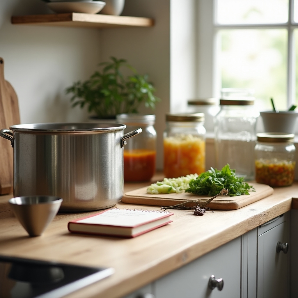 Aufgeräumte Küchenarbeitsfläche mit Gläsern, Trichter und frischem Gemüse zum Einkochen